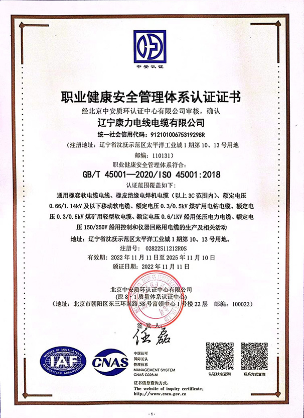 职业健康安全管理体系认证证书